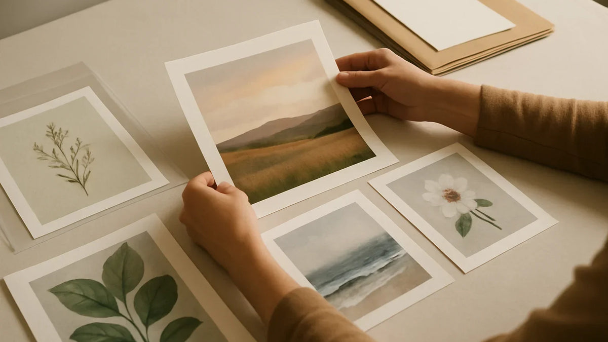 Hands arranging distinct archival pigment print samples on a clean studio tabletop.