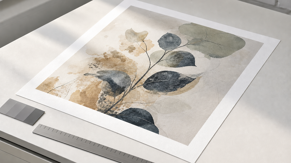 Giclee print under angled light with paper texture, color reference, and border detail