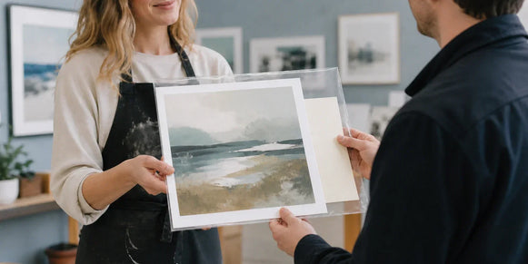 Artist handing a protected paper art print with a blank care insert to a buyer