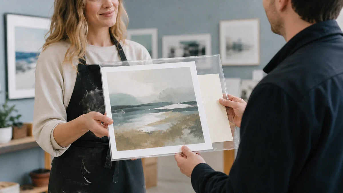 Artist handing a protected paper art print with a blank care insert to a buyer