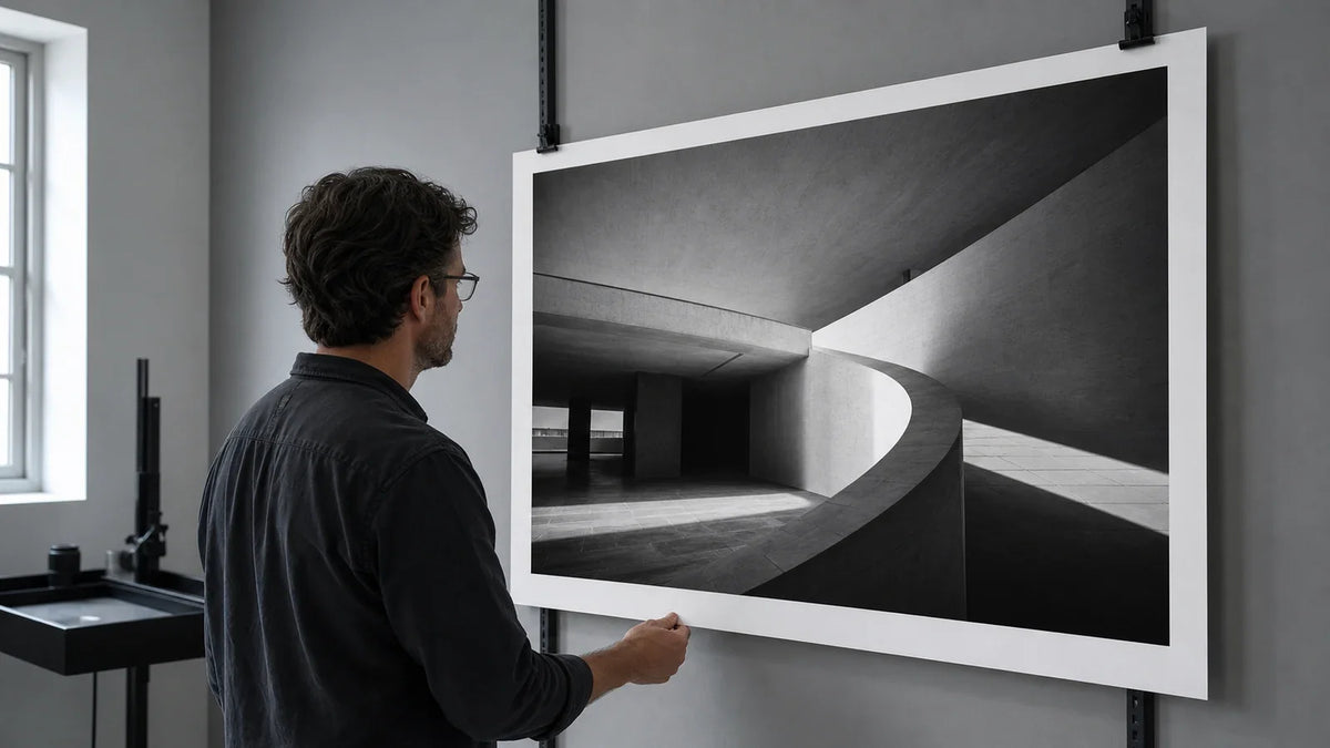 A photographer inspecting shadow and midtone detail in a large black-and-white architectural print.