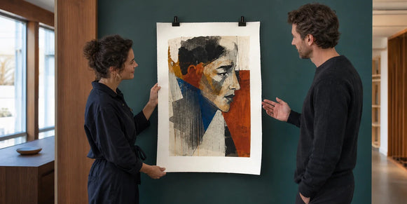 An artist and collector evaluating a large textured fine art paper print against a deep teal gallery wall.