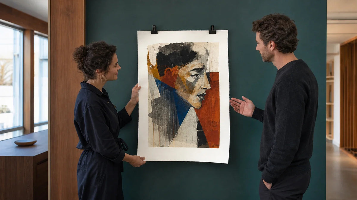 An artist and collector evaluating a large textured fine art paper print against a deep teal gallery wall.