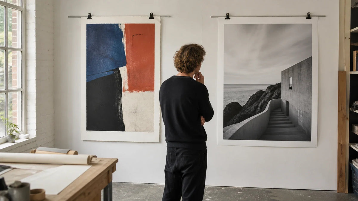 An artist comparing a textured abstract fine art print with a black-and-white architectural photo print in a bright studio.