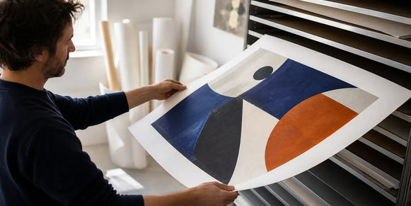 Artist lifting a large abstract fine art print from a studio paper rack