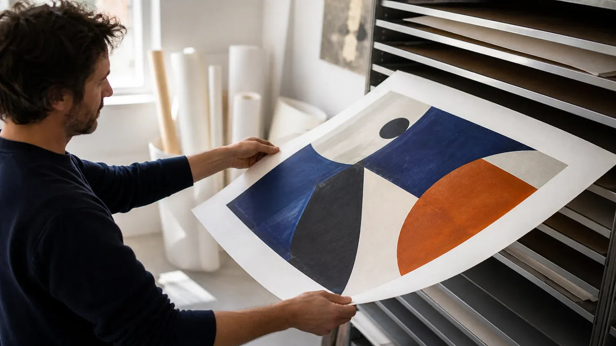 Artist lifting a large abstract fine art print from a studio paper rack