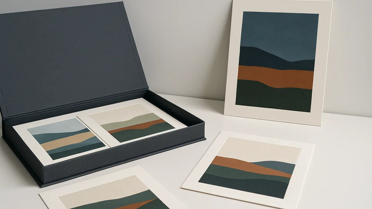 Open charcoal archival portfolio with four loose abstract landscape prints and one slim mounted print on a cool-daylight gallery table