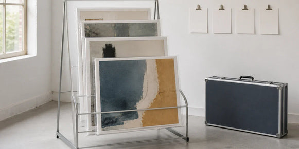 Four protected abstract art prints in a studio rack beside blank planning cards and a travel case.