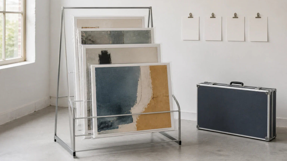 Four protected abstract art prints in a studio rack beside blank planning cards and a travel case.