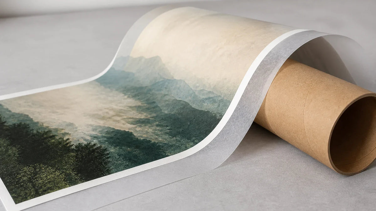 Fine art print with translucent protective tissue loosely reverse-rolled around an archival cardboard tube, artwork facing outward.