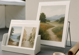 Sleeved art prints in a table bin with a propped display print and nearby packing materials