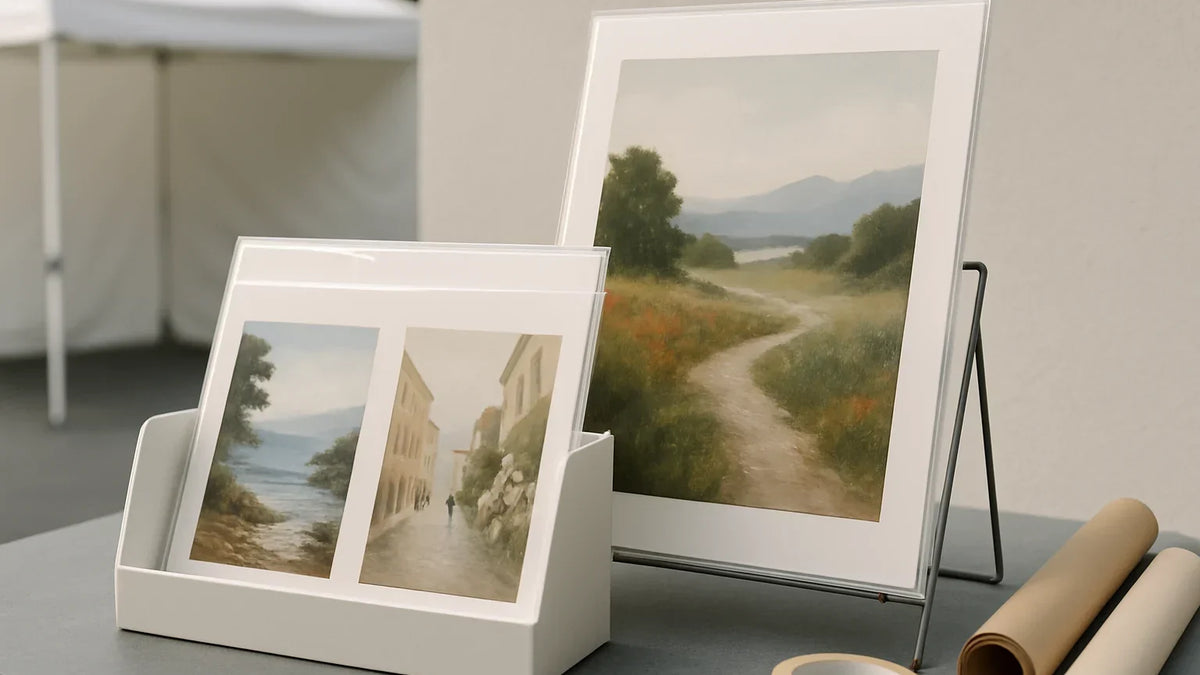 Sleeved art prints in a table bin with a propped display print and nearby packing materials