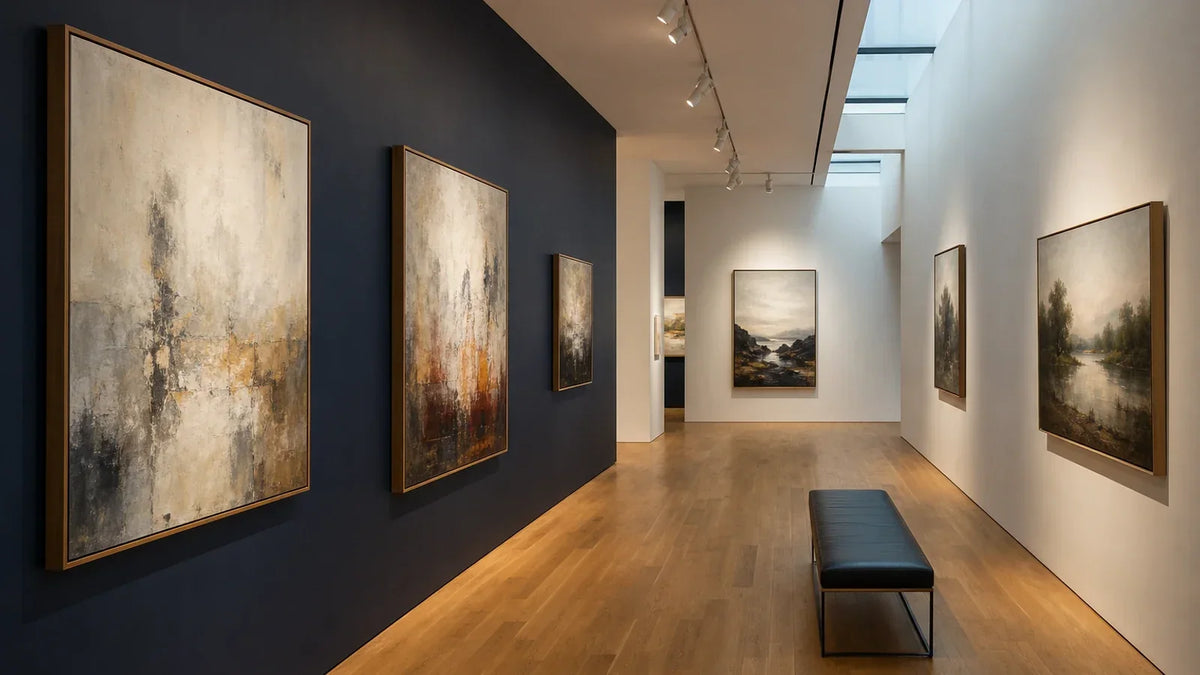 Contemporary art gallery interior with framed artwork and a dark accent wall