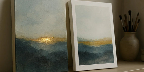 Gold-leaf mixed-media original catching side light beside a flat giclée paper reproduction of the same composition