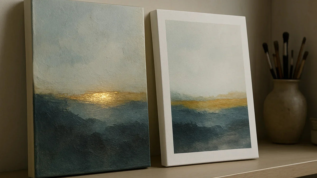 Gold-leaf mixed-media original catching side light beside a flat giclée paper reproduction of the same composition