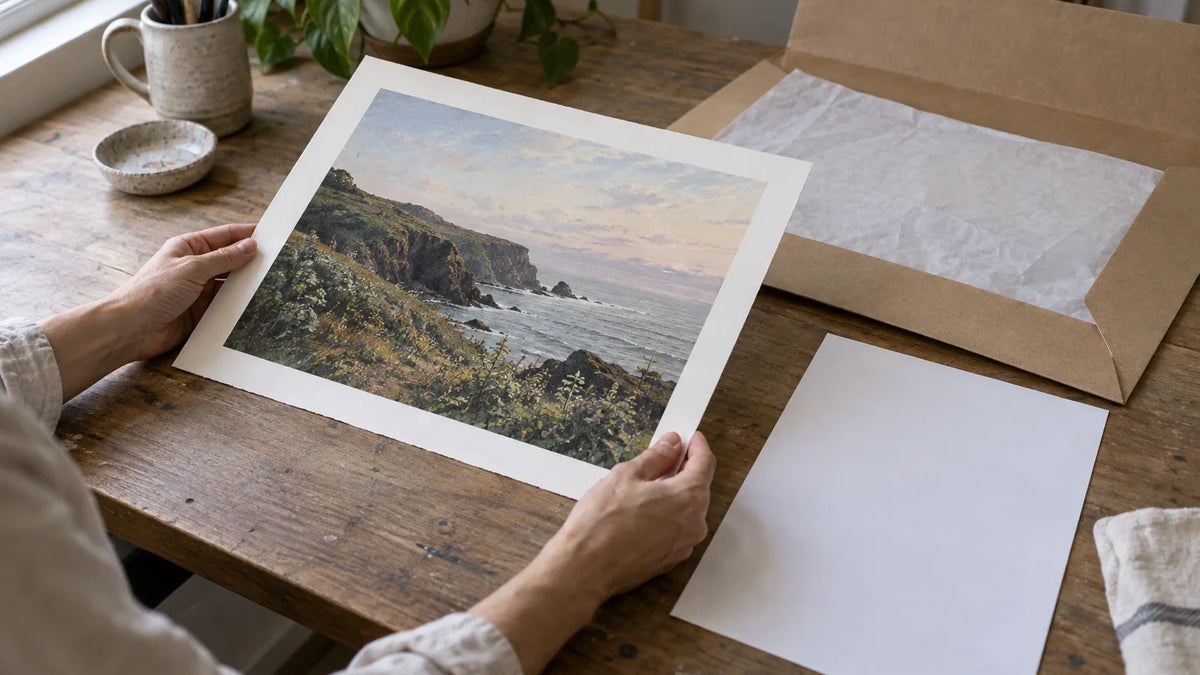 Artist reviewing one finished print, its product specifications, and packaging before automating fulfillment