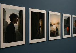 Five coastal prints shift from midtone to dark, bright harbor, shade, and midtone, linked by orange boat and buoy forms.