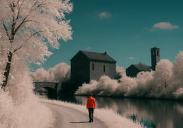 False-color infrared landscape with pale foliage, a teal sky, dark buildings, and a figure in a warm red jacket.