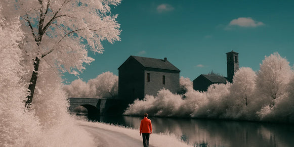 False-color infrared landscape with pale foliage, a teal sky, dark buildings, and a figure in a warm red jacket.