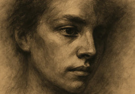 Charcoal portrait with crisp eyes and lips emerging from soft, grainy shadows on warm paper.