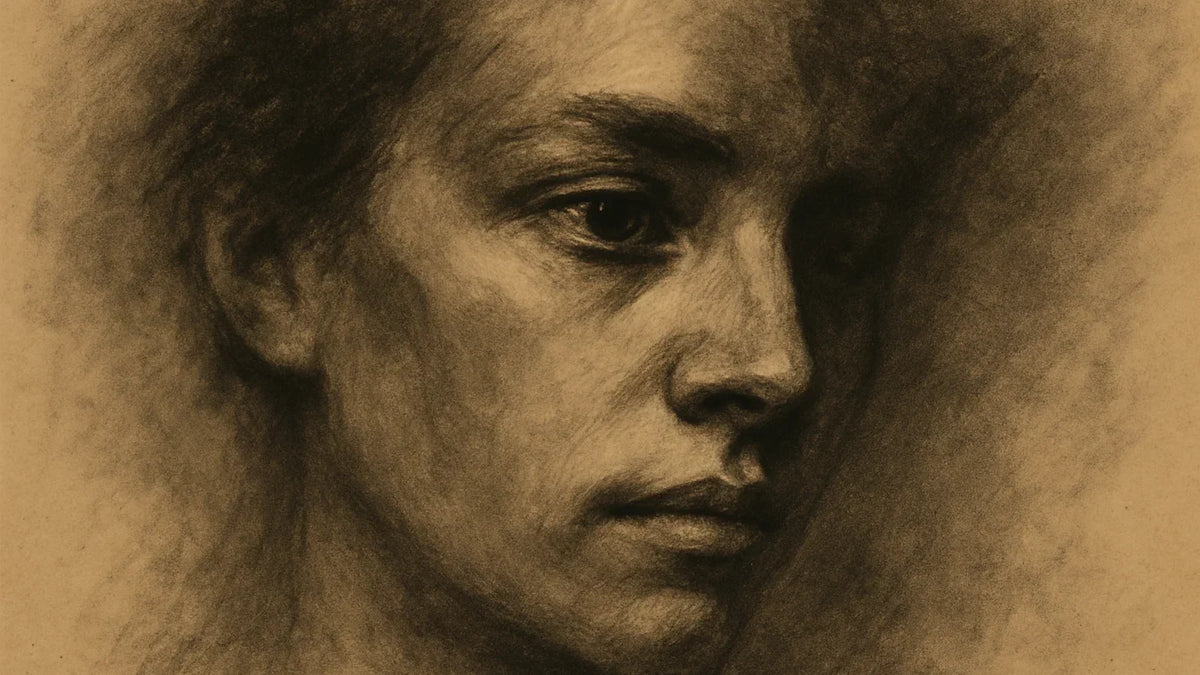 Charcoal portrait with crisp eyes and lips emerging from soft, grainy shadows on warm paper.