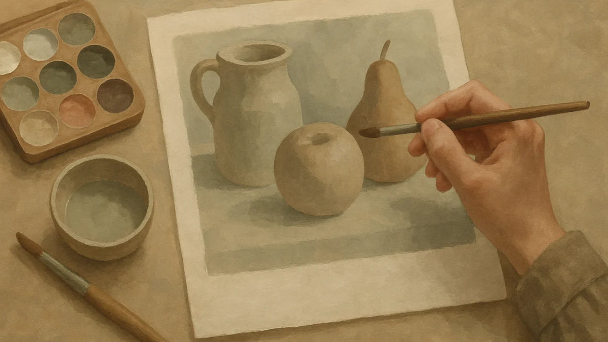 Artist painting a muted gouache still life of a jug and fruit with soft shadows and selective edges.