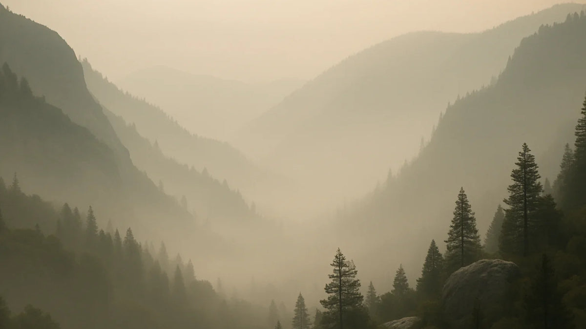 Fog fills a mountain valley as layered ridges recede behind defined foreground pines and rocks.