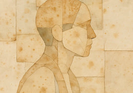 Profile figure assembled from aged paper scraps with foxing stains, creases, discoloration, and worn edges.