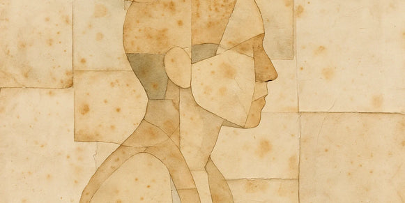 Profile figure assembled from aged paper scraps with foxing stains, creases, discoloration, and worn edges.