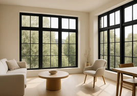 Sunlit neutral living room with large black-framed windows and softly defined pale furnishings.
