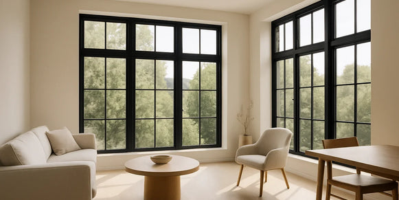 Sunlit neutral living room with large black-framed windows and softly defined pale furnishings.