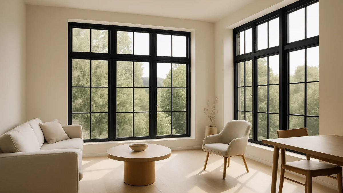 Sunlit neutral living room with large black-framed windows and softly defined pale furnishings.