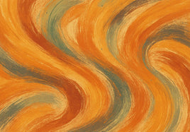 Sweeping orange, rust, and blue-gray drybrush trails create rhythm across an abstract painterly composition.