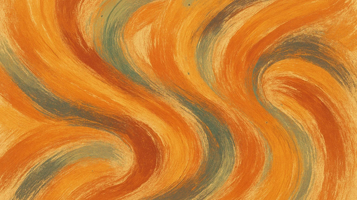 Sweeping orange, rust, and blue-gray drybrush trails create rhythm across an abstract painterly composition.