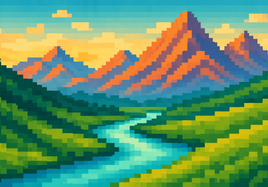 Enlarged pixel-art mountains and a winding turquoise river rendered in crisp square color blocks.