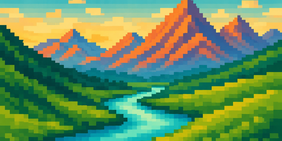 Enlarged pixel-art mountains and a winding turquoise river rendered in crisp square color blocks.