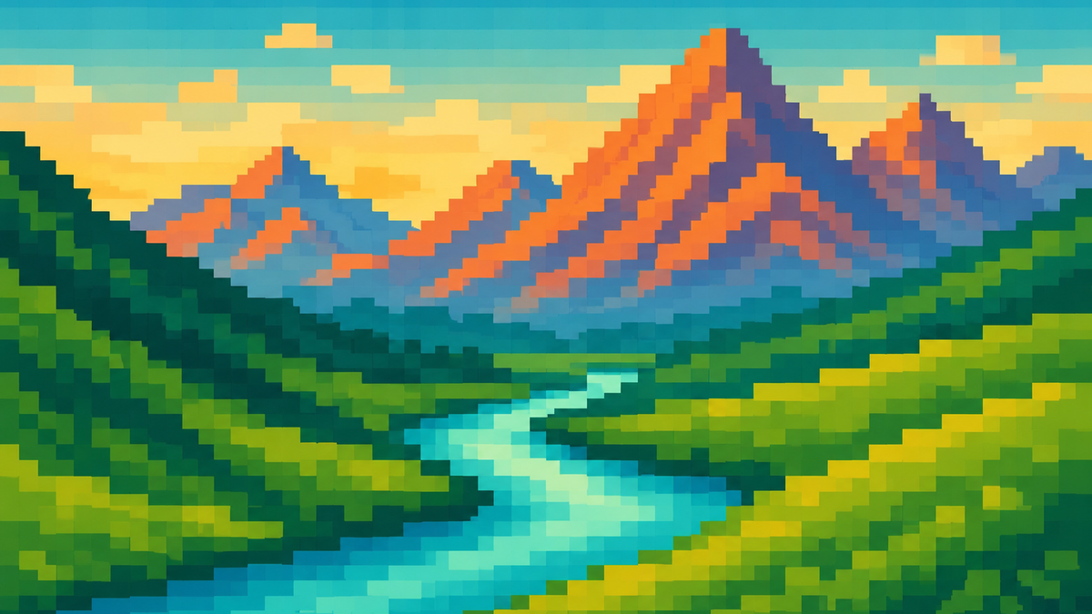 Enlarged pixel-art mountains and a winding turquoise river rendered in crisp square color blocks.