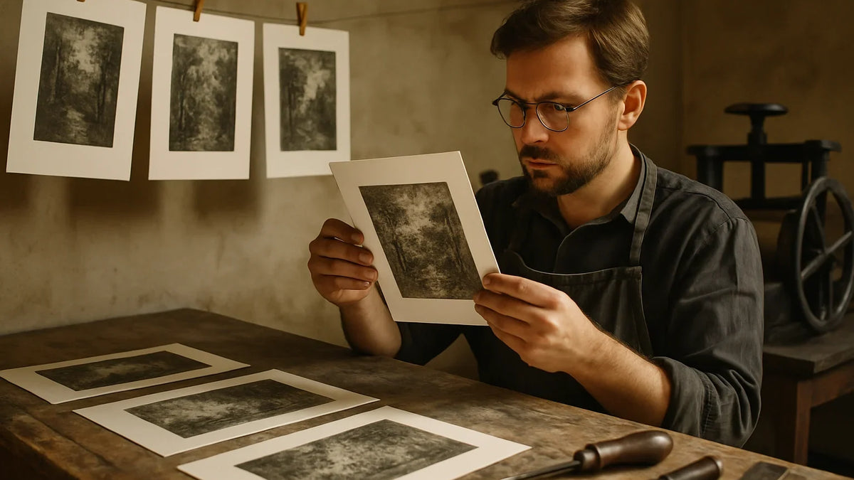 A printmaker inspects one impression while related landscape prints dry nearby in the workshop.