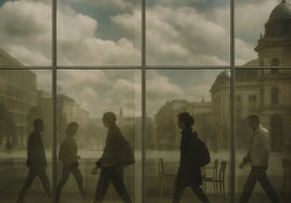 Pedestrians, clouds, and city buildings reflect across a glass facade, overlapping interior chairs behind dark mullions.