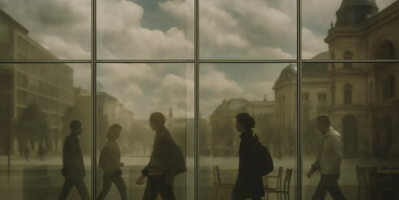 Pedestrians, clouds, and city buildings reflect across a glass facade, overlapping interior chairs behind dark mullions.