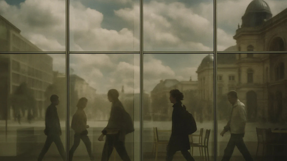 Pedestrians, clouds, and city buildings reflect across a glass facade, overlapping interior chairs behind dark mullions.