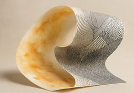 Curled textured paper transitioning from warm watercolor washes to crisp black ink patterns.
