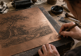 A printmaker incises a small bird-and-plant sketch in the margin of a copper plate beside a larger landscape.