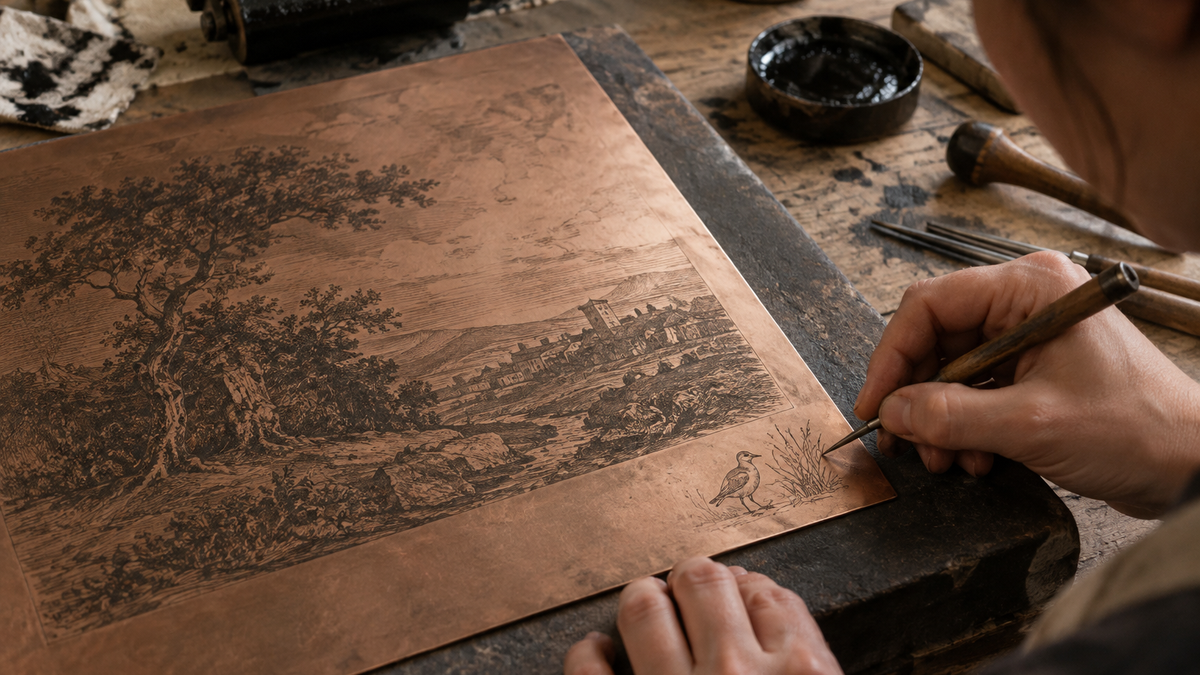 A printmaker incises a small bird-and-plant sketch in the margin of a copper plate beside a larger landscape.