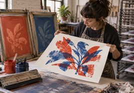 Printmaker inspects a red-and-blue layered botanical screenprint beside screens, inks, and a squeegee in a working studio.