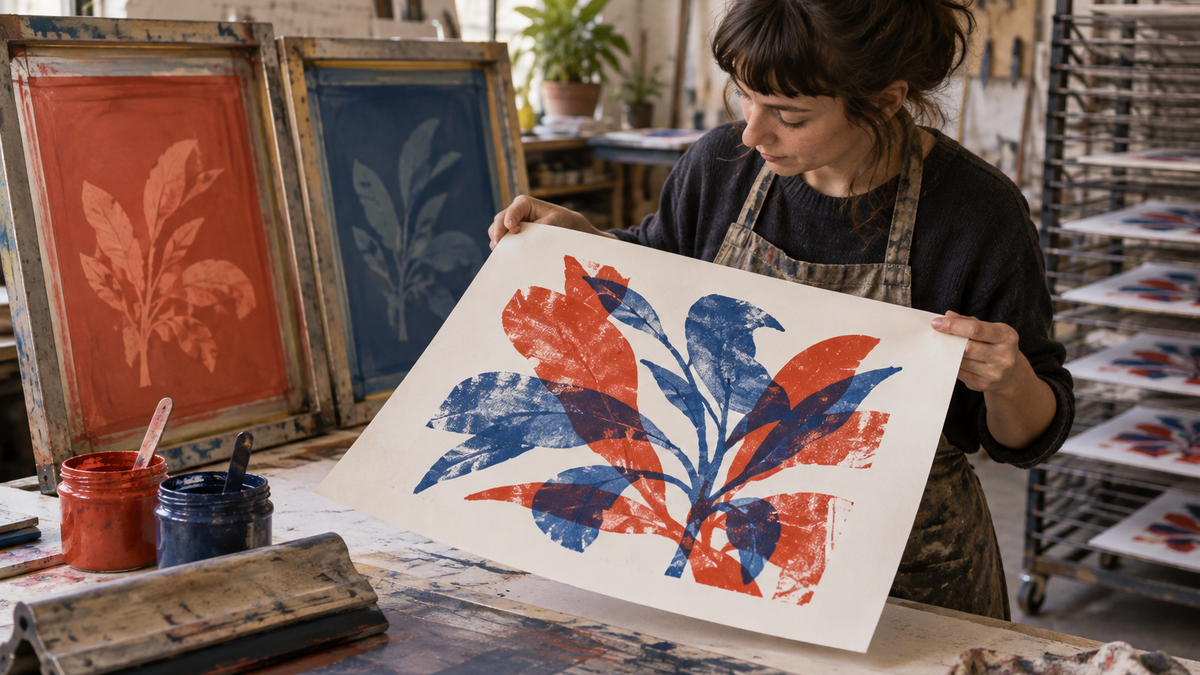 Printmaker inspects a red-and-blue layered botanical screenprint beside screens, inks, and a squeegee in a working studio.