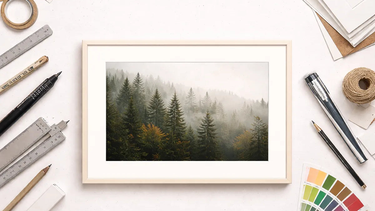 Fine art print with white border next to framing tools illustrating border and sizing choices