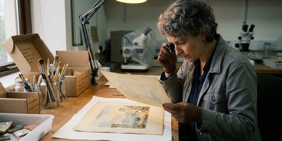 A scientist examines an old print in a lab