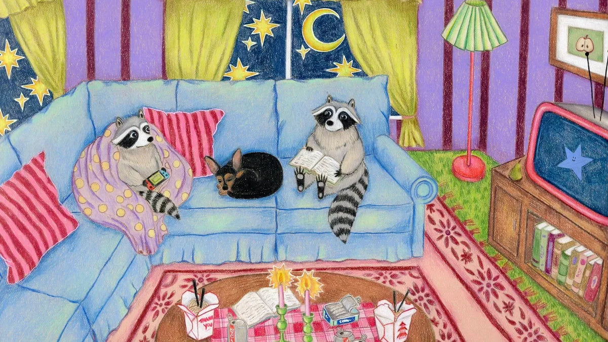 Whimsical colored-pencil interior illustration by Amanda Cullin