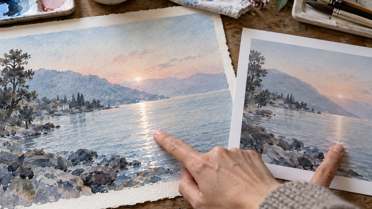 Watercolor original and physical proof compared on a worktable, showing paper-white glints amid pale washes.